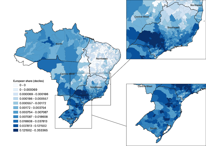 population share of European immigrants by municipality