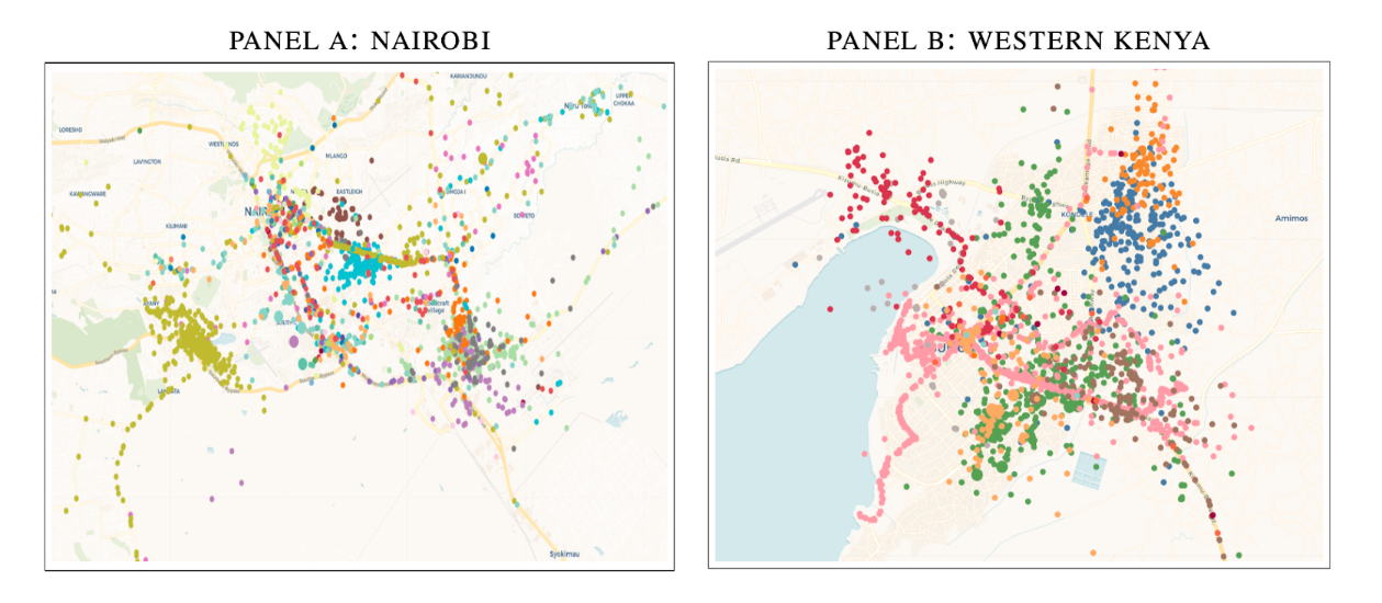 Panels A and B display GPS data for distributors. Each colour depicts the travel patterns of a distinct individual across Nairobi and Western Kenya