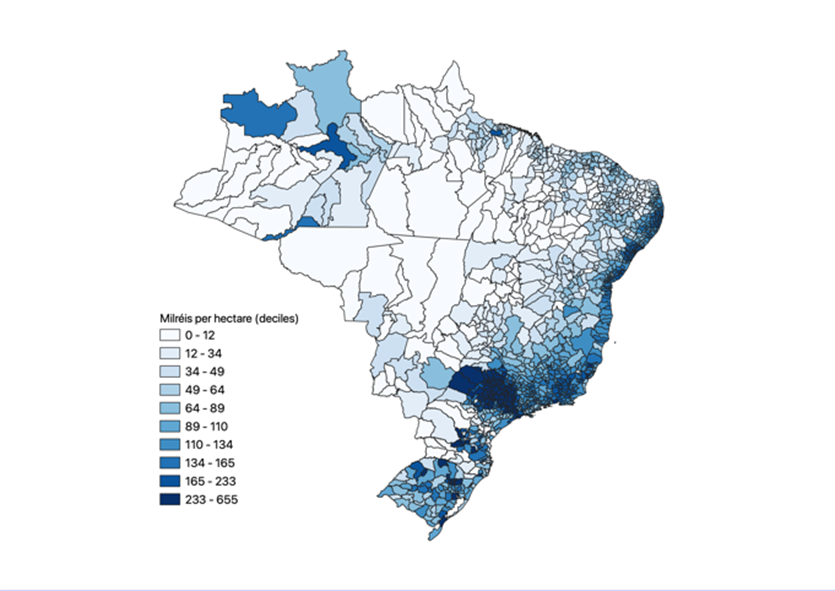 Average farm values by municipality predicted by our empirical model