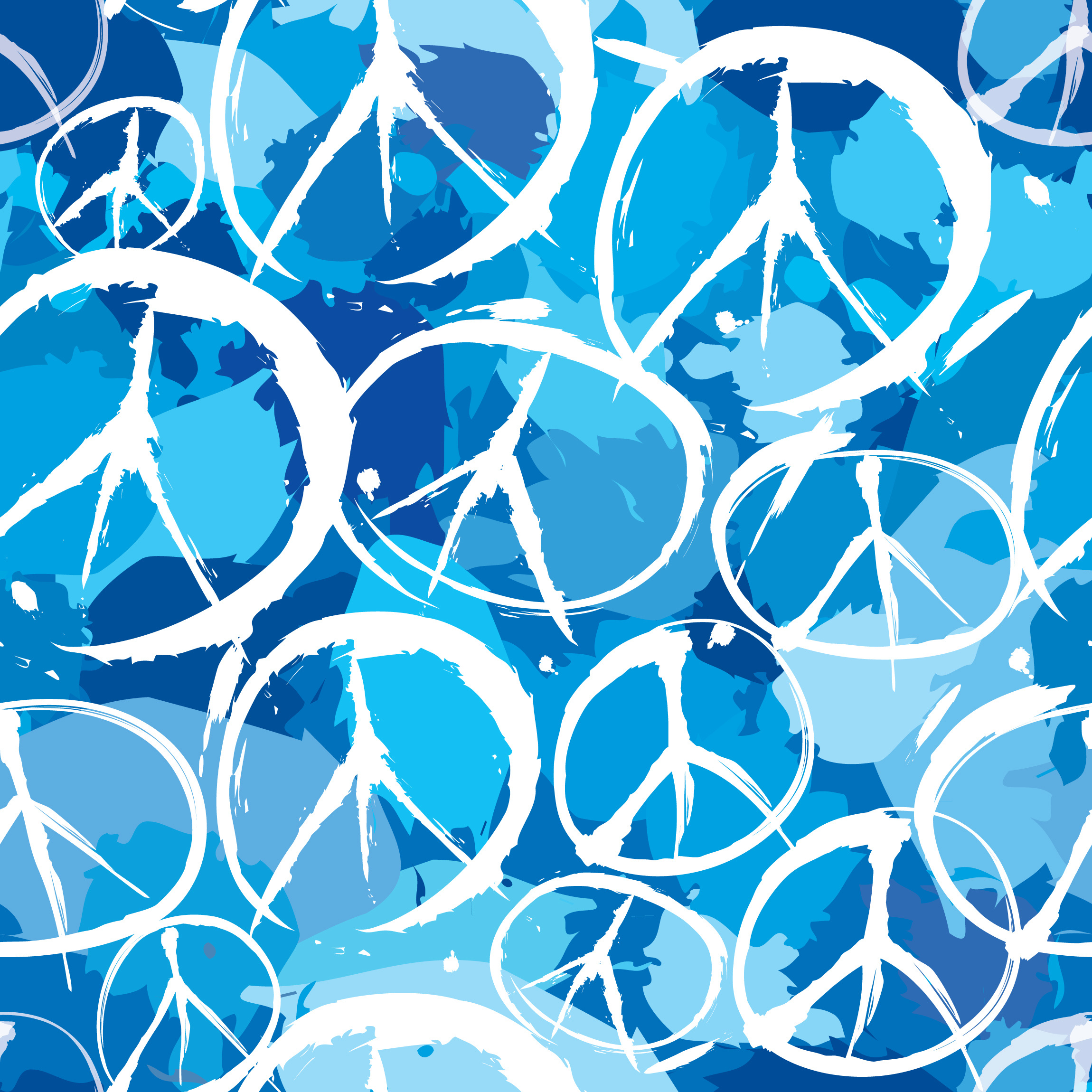 peace symbols on a blue background representing this podcasts theme of promoting peace