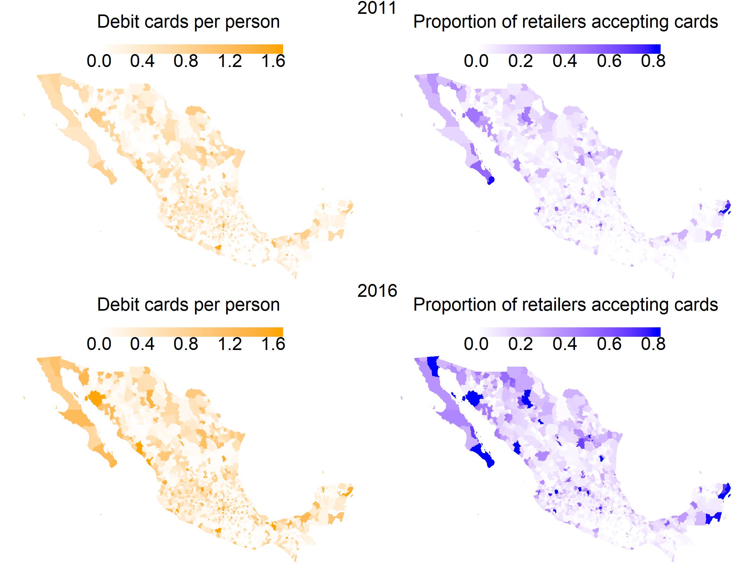 Adoption of debit cards and POS terminals over space and time