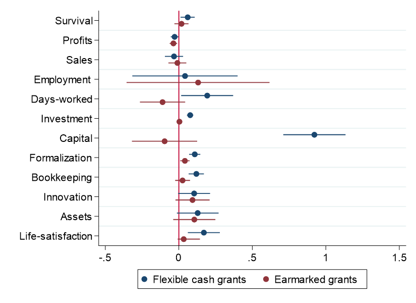 Treatment effects of flexible cash grants and earmarked matching grants (vs. control) 