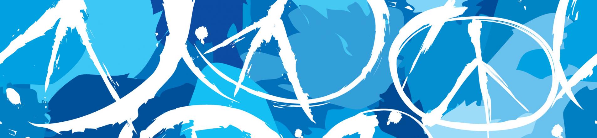 peace symbols on a blue background representing this podcasts theme of promoting peace